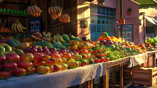 Marktstand mit frischen bunten Fr&uuml;chten in der Abendsonne