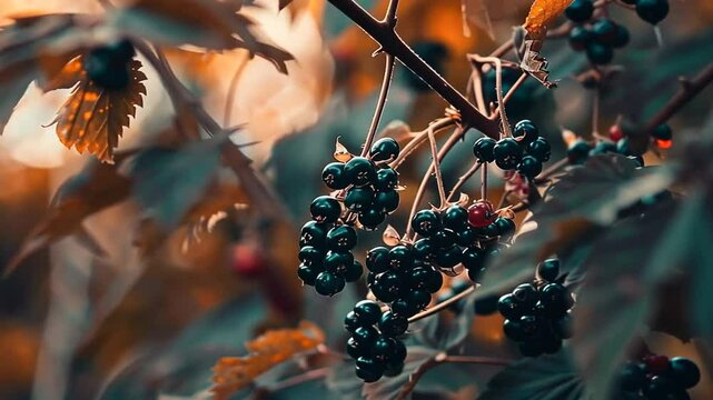 Dunkle Beeren h&auml;ngen an einem herbstlichen Strauch