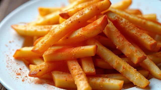 An elegant white plate containing crispy French fries, carefully seasoned with delicious spices. The fries are golden and crispy on the outside while remaining soft on the inside