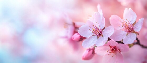Fototapeta premium Delicate pink cherry blossom flowers blooming in springtime, soft focus floral background with pastel colors for romantic spring season