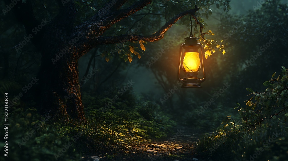 Poster a glowing lantern hanging from a tree branch, lighting up a dark forest path