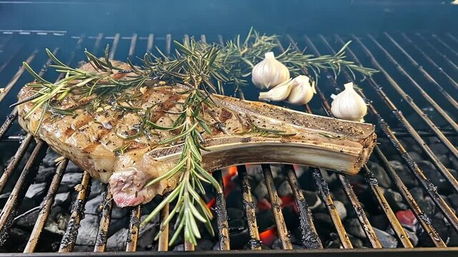 Frisches Lammkotelett mit Rosmarin und Knoblauch auf dem Grill