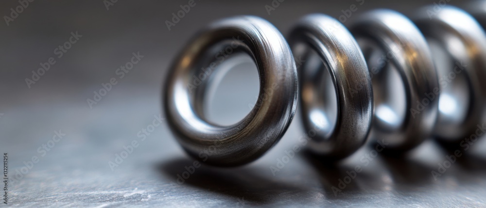 Poster closeup of a shiny metal coil spring on a gray surface, showcasing industrial design and mechanical 