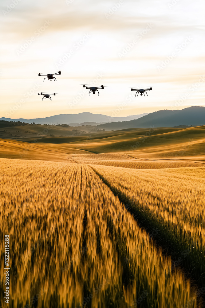 Poster a group of drones navigates above expansive golden crop fields, collecting vital data for biotechnol