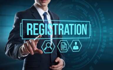 Online Registration Process:  A Businessman Interacts with a Digital Interface Showing the Word 'Registration'
