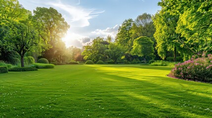 Obraz premium Beautiful wide format image of a manicured country lawn surrounded by trees and shrubs on a bright summer day. Spring summer nature.