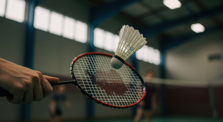 Badminton Action: Shuttlecock Flying over Racket in Indoor Game, Sport, & Leisure Activity