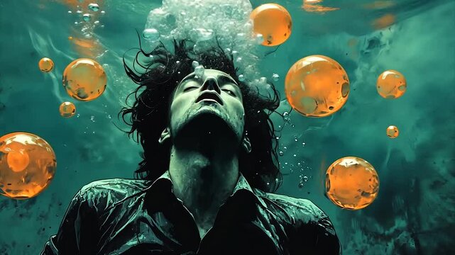 Man submerged underwater among vibrant orange bubbles, serene atmosphere