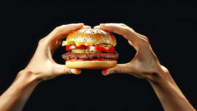 H&auml;nde halten einen leckeren Burger vor dunklem Hintergrund
