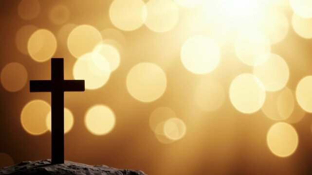 Beautiful gold bokeh background with a christian cross