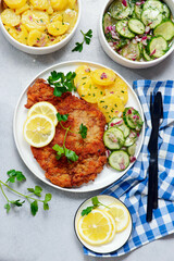 Traditional Viennese schnitzel on a plate with cucumber and potato salad.selective focus