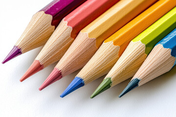 Fototapeta premium Colored pencils arranged in a row displaying various shades on a white background