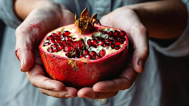 H&auml;nde halten eine ge&ouml;ffnete Granatapfelfrucht mit Kernen