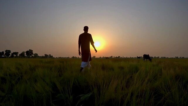 Indian farmer walking through green field at sunset