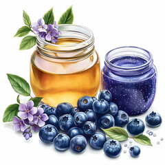 Delicious jars of blueberry jam and honey with fresh berries and blossoms on a bright background Generative AI