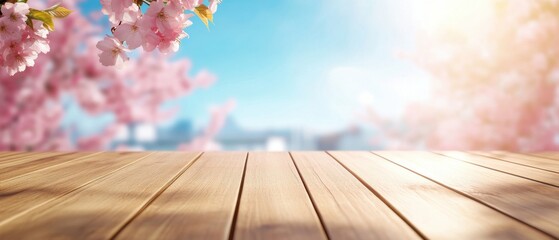Empty wooden table with pink cherry blossom flowers in spring against a bright blue sky, creating a serene and inviting outdoor background for product display
