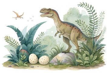 Watercolor Dinosaurs Set: T-Rex and Prehistoric Plants