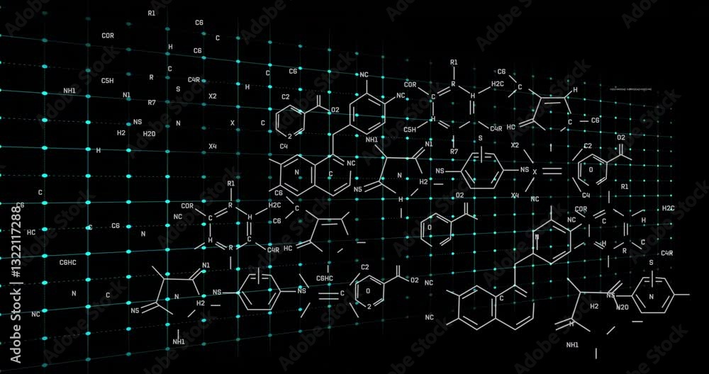 Poster animation of glowing heartbeat line with chemical structures in background