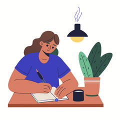 A writer writing a novel image. Flat image isolated on white background. Vector illustration.