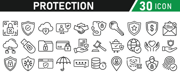 Protection Icon Set, Security icon for web. Security shield symbols include a check mark and padlock, a shield security icon, and a safety and protection sign. Icon Collection