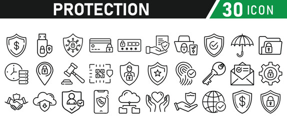 Protection Icon Set, Security icon for web. Security shield symbols include a check mark and padlock, a shield security icon, and a safety and protection sign. Icon Collection