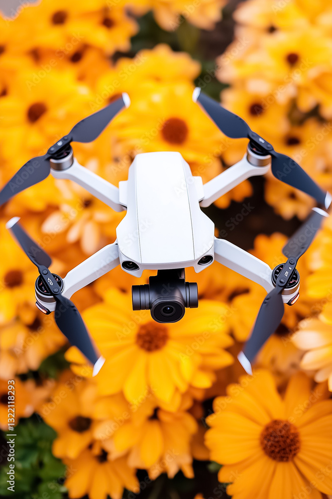 Poster a sleek drone, designed with advanced sensors and cameras, glides smoothly above a field adorned wit