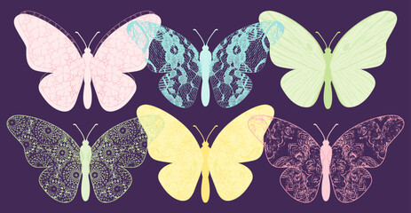 A set of colorful patterned butterflies, in a cut paper style with textures
