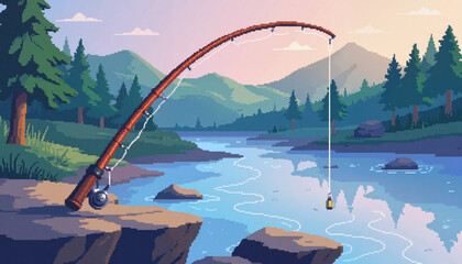Solitary fishing rod dangling over tranquil river, nostalgic gaming vibe