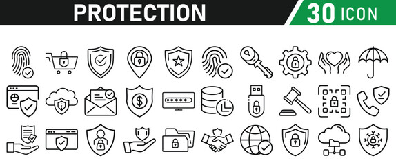 Protection Icon Set, Security icon for web. Security shield symbols include a check mark and padlock, a shield security icon, and a safety and protection sign. Icon Collection
