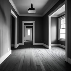 Creepiness is the creaking floorboard in the empty house: Illustrate an empty house with a single floorboard creaking ominously, symbolizing the eerie feeling of being alone in a silent, empty space