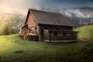 Old wooden barns in a misty landscape, piles of manure, green meadow, dramatic mood, uncanny golden-brown look, daytime without people