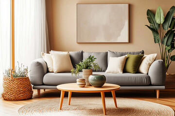 Modern living room interior features a comfortable sofa, stylish furniture, and ample light