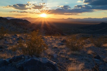 Obraz premium Peaceful Yet Rugged: Sunset Over a Dry Desert Horizon