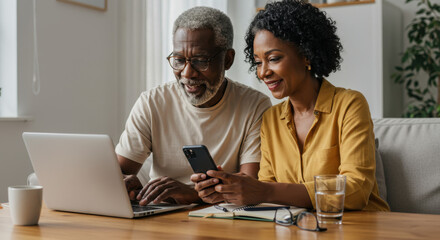 ** Senior Couple Online: Black Couple Using Laptop & Phone Together, Planning, Browsing, Shopping, Staying Connected at Home