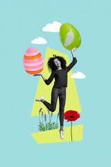 Fototapeta premium Vertical creative collage poster happy standing girl showing two easter painted eggs environmental flora blossom holiday celebration