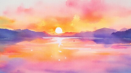 Fototapeta premium A stunning watercolor sunset over tranquil waters and distant mountains.