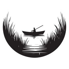 Silhouette of Person Rowing Boat on Lake Peaceful Water Landscape