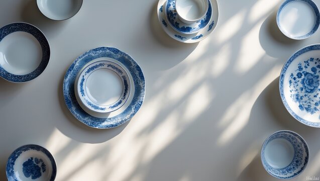 Elegant blue and white tableware arranged on a flat surface with soft shadows during daylight