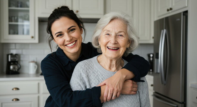 ** Generational Love: Smiling Woman Embracing Happy Grandmother in Bright Kitchen - Family Bond, Joyful Moment, Togetherness & Home