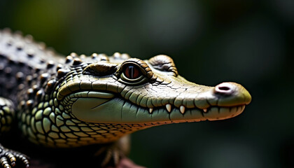 Obraz premium A crocodile with its mouth closed and eyes open looks ahead. An alligator on the hunt.