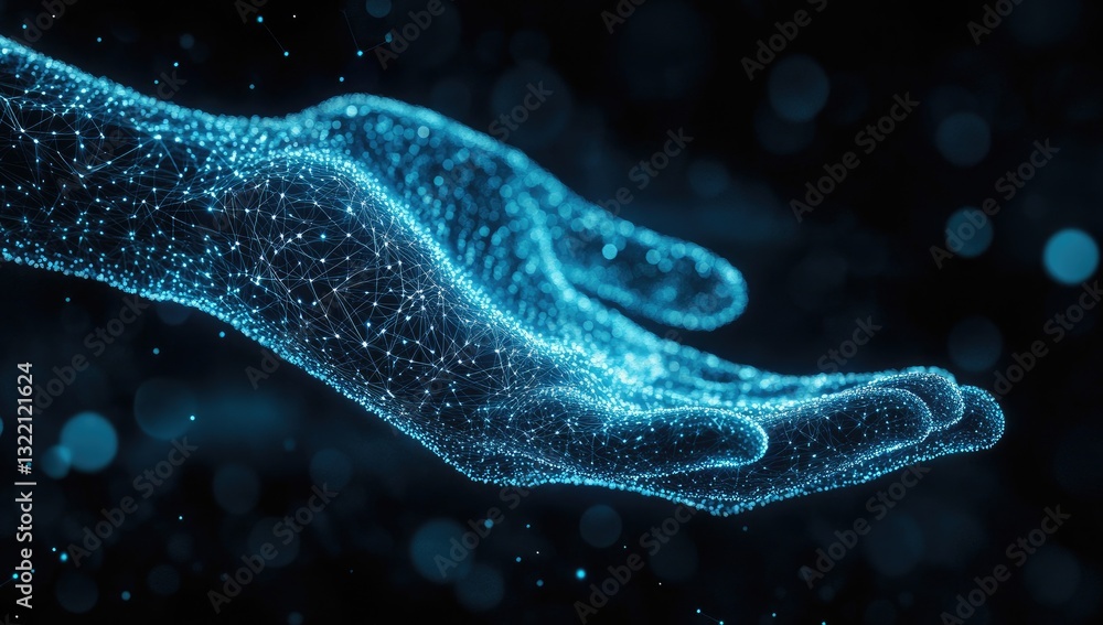 Poster abstract digital hand glowing with blue particles on a dark background. the image evokes a sense of 
