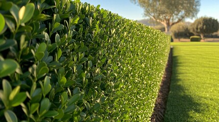 A neatly trimmed hedge bordering a pristine green lawn