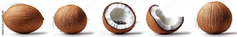Poster fresh brown coconuts on white background displaying whole and cut open showing delicious inside with