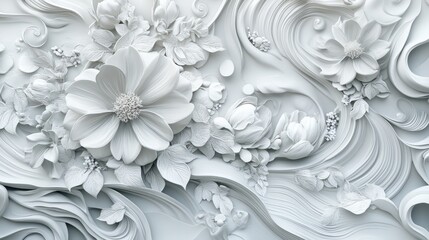 Detailed white relief art featuring floral designs and flowing lines