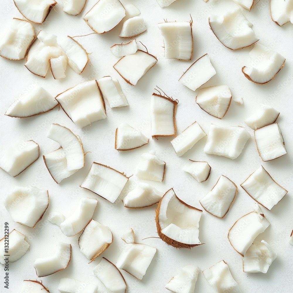 Aufkleber fresh coconut chunks on a light background with natural texture and unique shapes for culinary and t