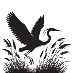 Obraz premium Heron Taking Flight A Silhouette Illustration with Grassy Background