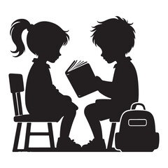 Children Reading Silhouette Vector Education and Learning Illustration