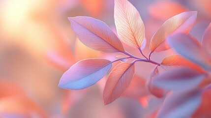 Fototapeta premium Close-up of delicate, pink-hued leaves on a branch with soft, ethereal light