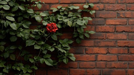 Red rose on brick wall with climbing vines