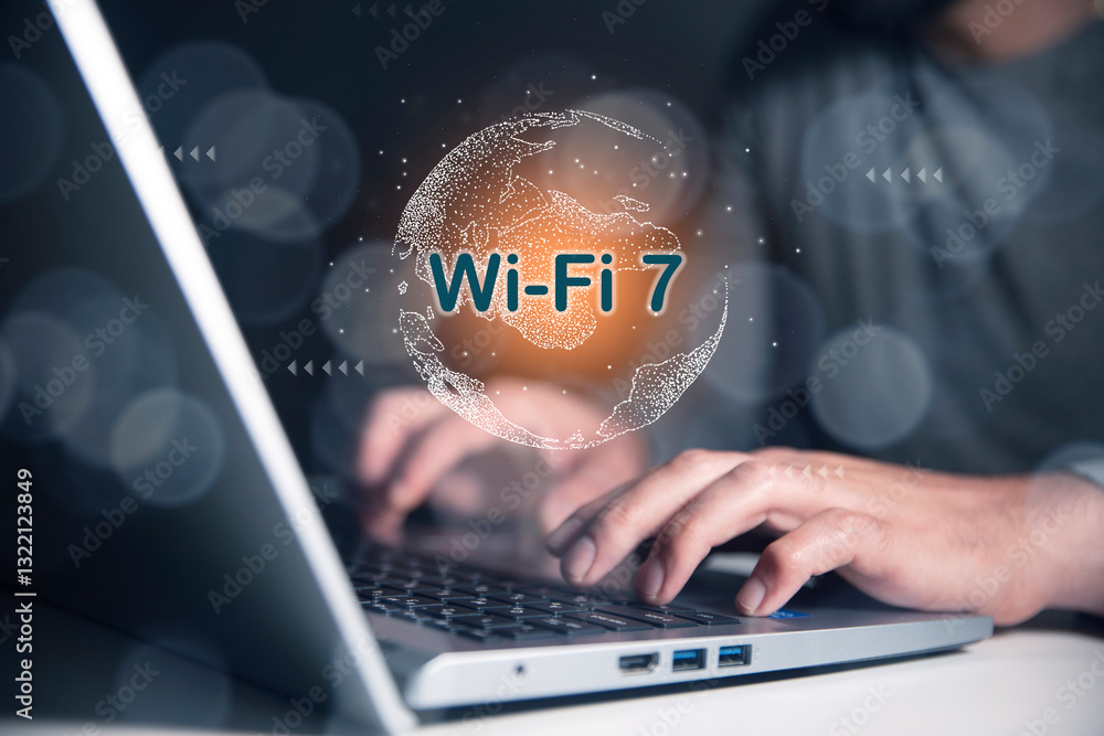 Poster man working on laptop with wifi concept